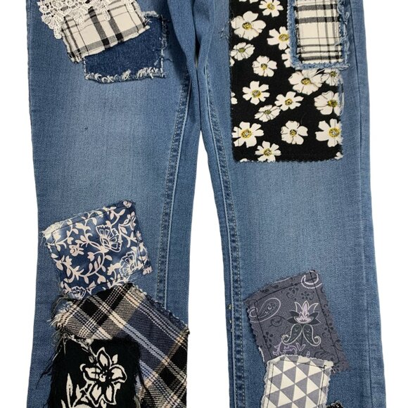 Justice Skinny Jeans Boho Patched Blue Black Plaid Button Snap Fly Size 12 - Picture 5 of 12